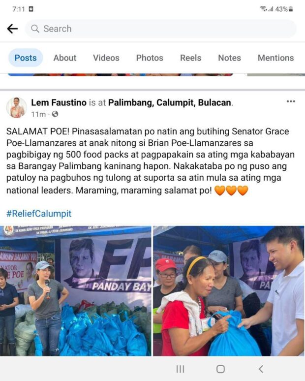 Mayora Lem Faustino thanks Senator Grace Poe and her son Brian Poe-Llamanzares in an official post