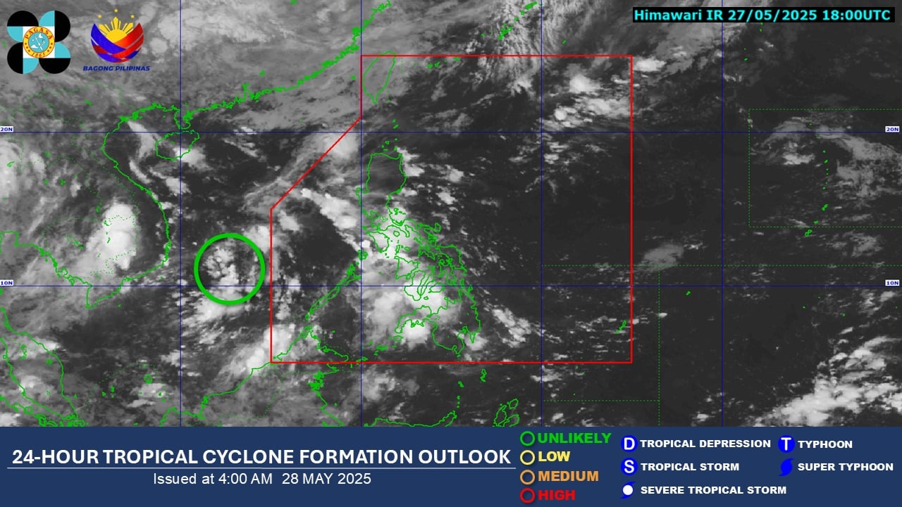 Satellite image captured at 2 a.m. on May 28, 2025 shows a low-pressure area outside the Philippine area of responsibility. — Photo from Pagasa/Facebook