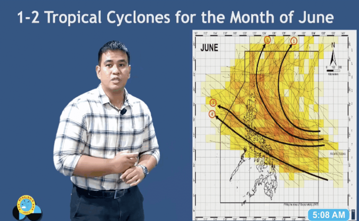 Pagasa weather specialist Daniel Villamil presents the diagram of the usual tracks of the possible tropical cyclone for the month of June.
